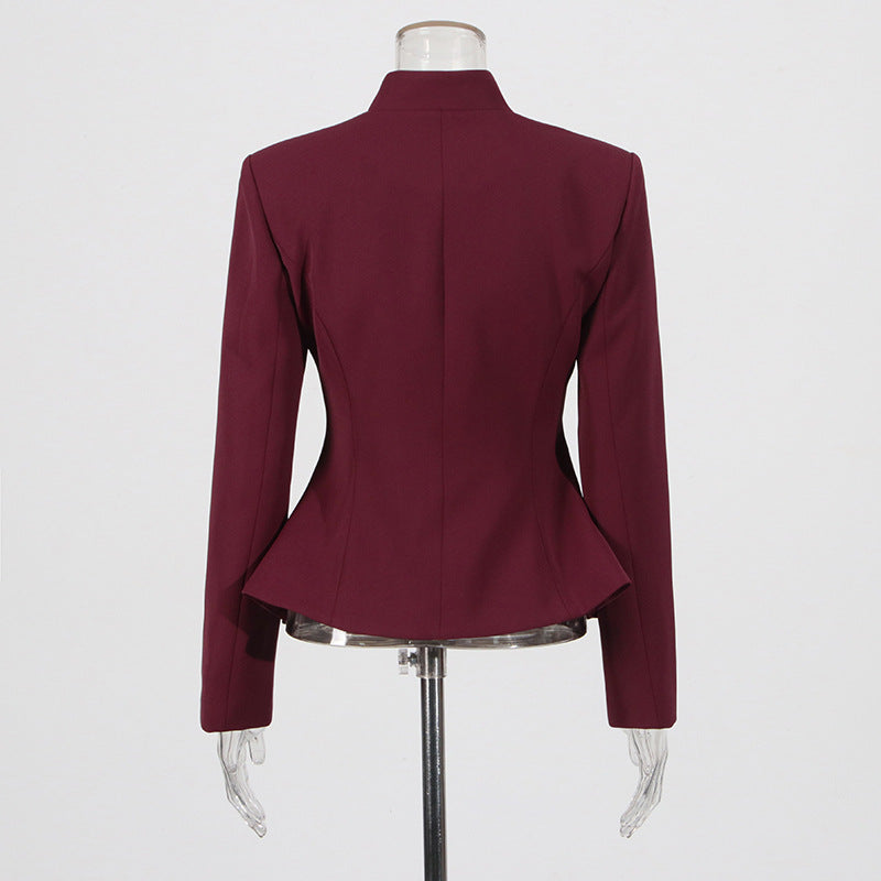 Embroidery Stand Collar Blazer & Pleated Midi Skirt Set