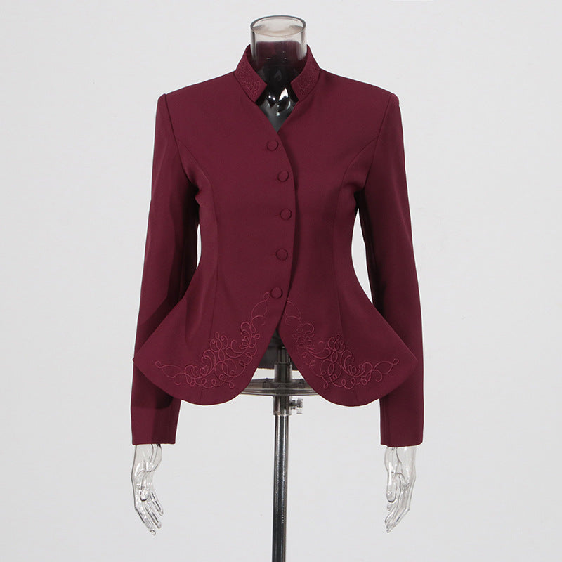 Embroidery Stand Collar Blazer & Pleated Midi Skirt Set
