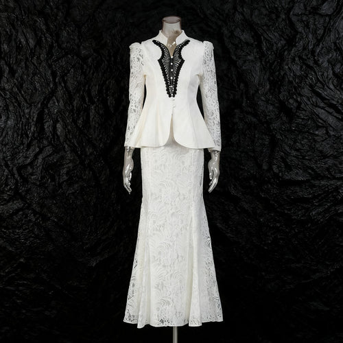 Elegant Mandarin Collar Peplum Blazer & Lace Maxi Skirt Set