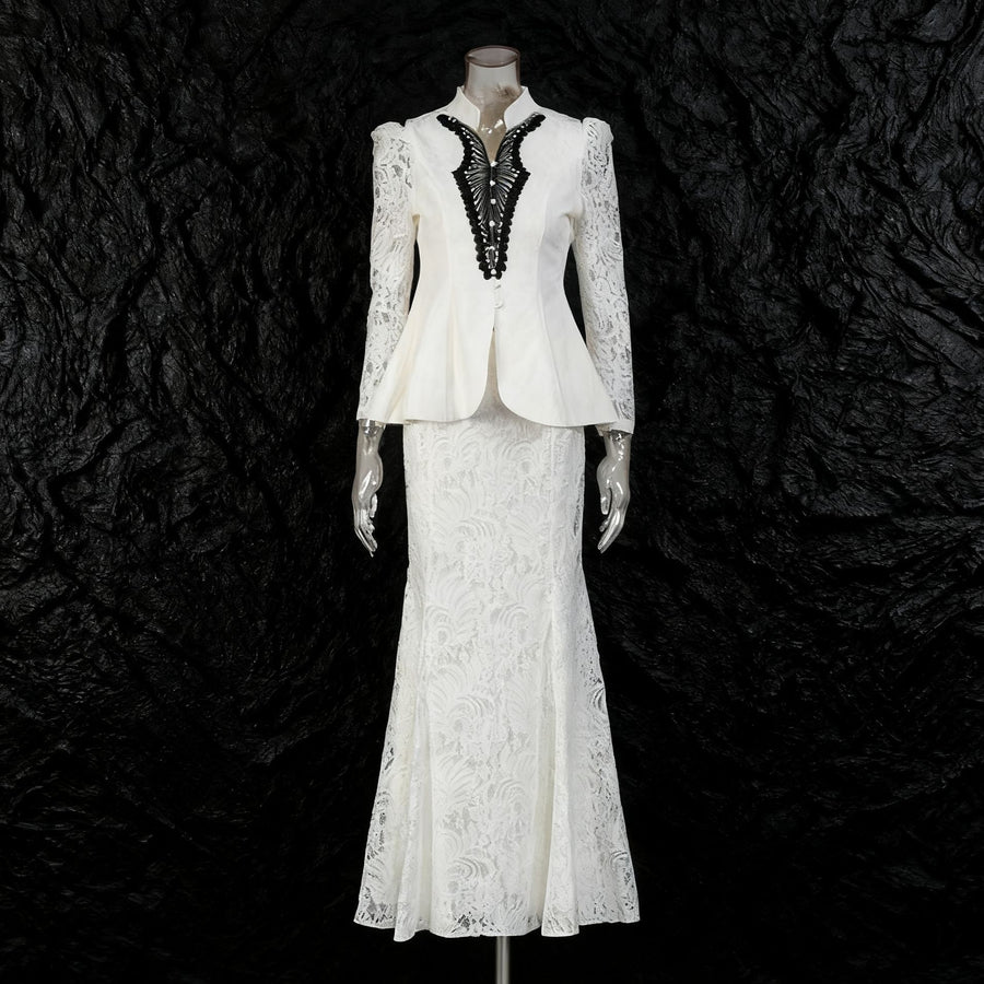 Elegant Mandarin Collar Peplum Blazer & Lace Maxi Skirt Set