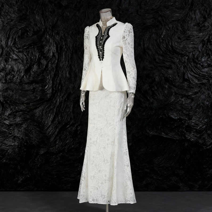 Elegant Mandarin Collar Peplum Blazer & Lace Maxi Skirt Set