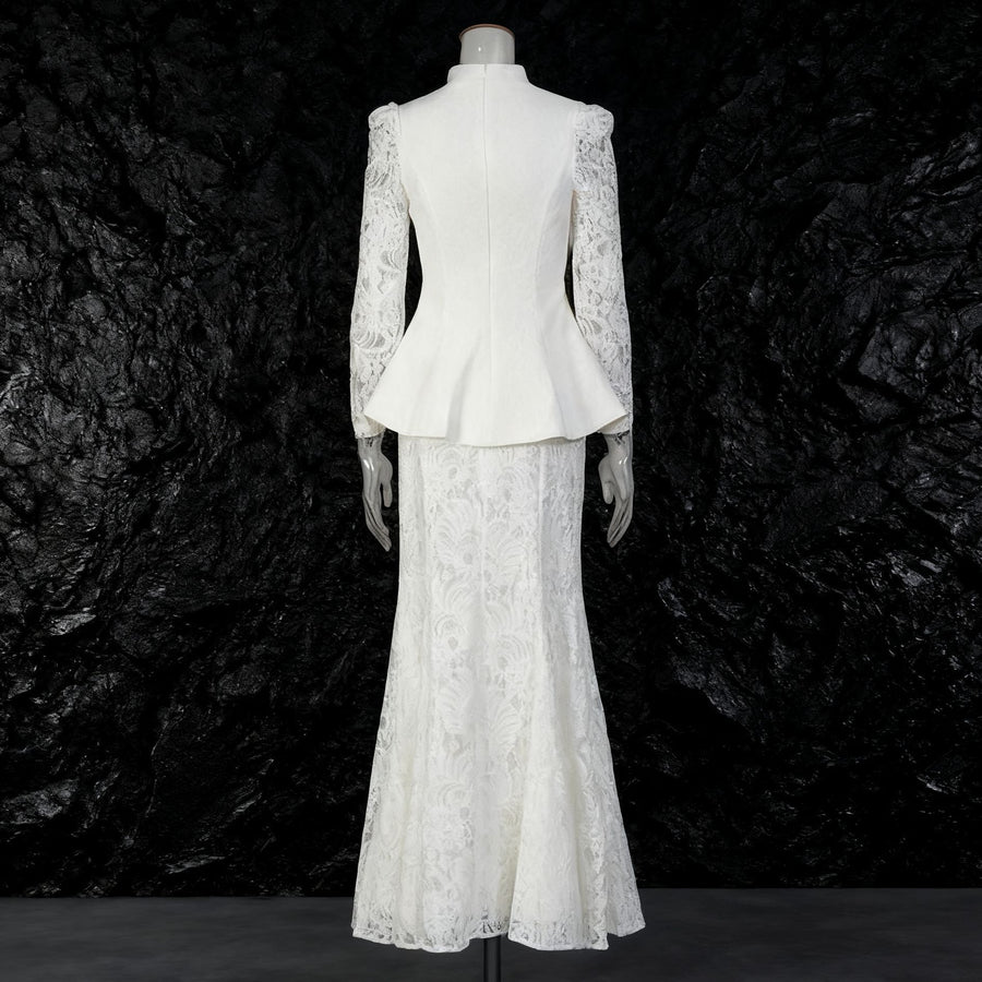 Elegant Mandarin Collar Peplum Blazer & Lace Maxi Skirt Set