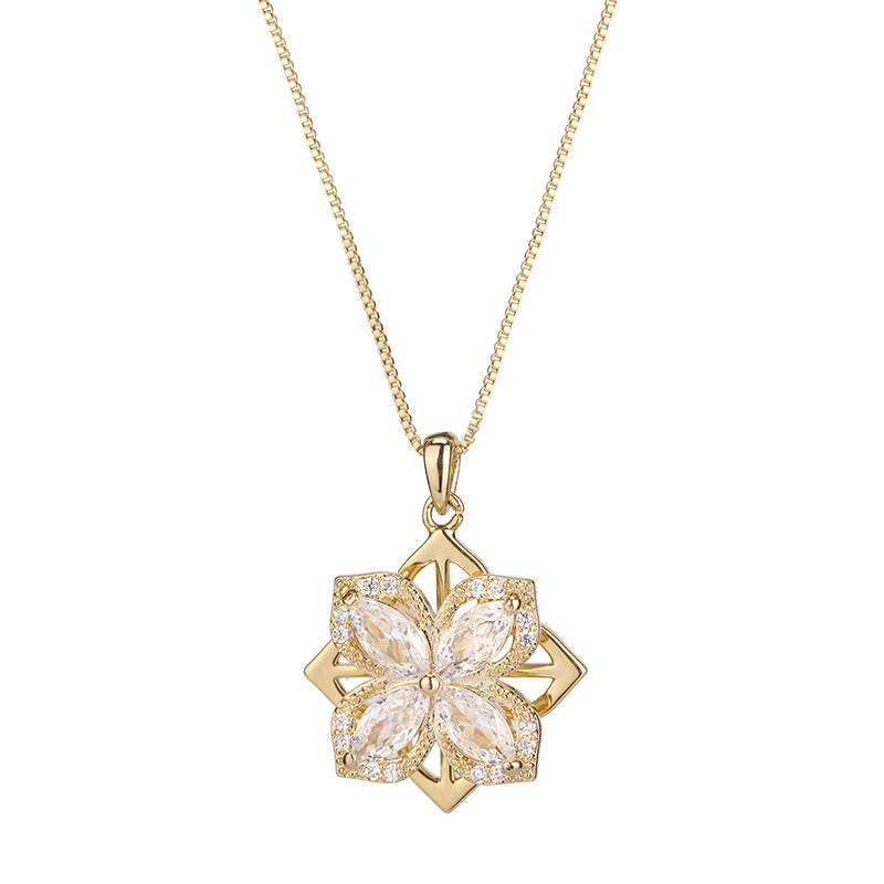Rotatable Zircon Four-leaf Clover Pendant Necklace