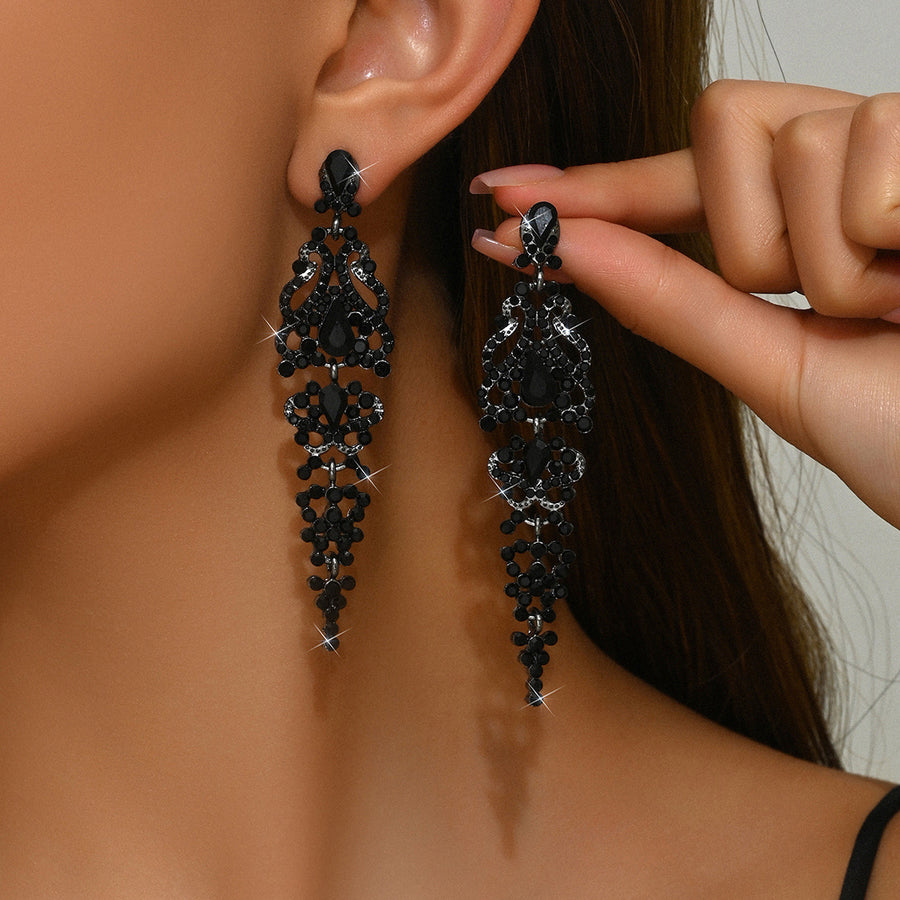 Gun Black Hollow Teardrop Long Tassel Earrings for Women