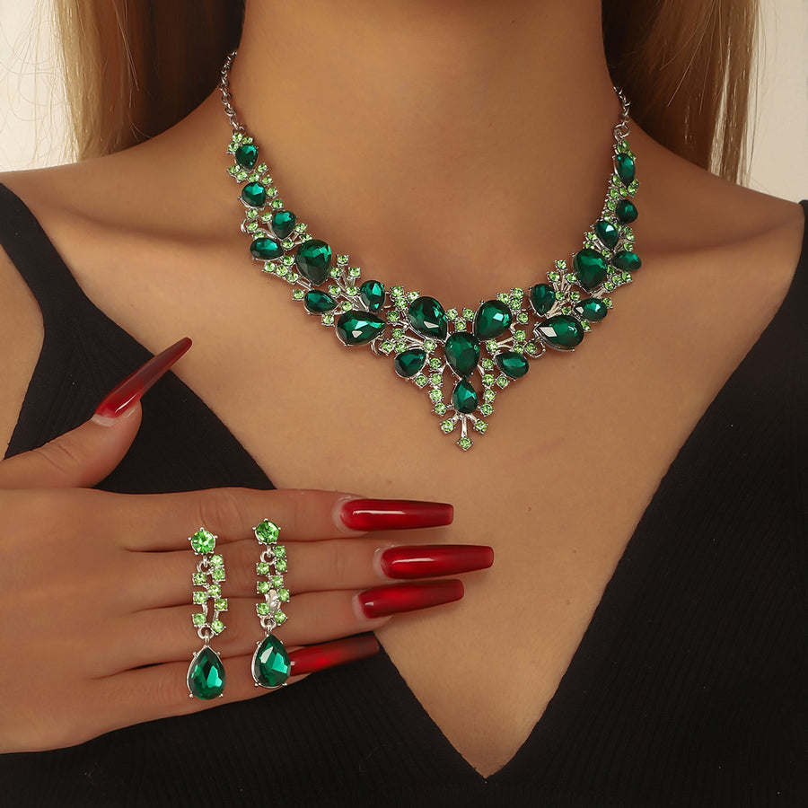Emerald Green Teardrop Necklace & Earrings Jewelry Set