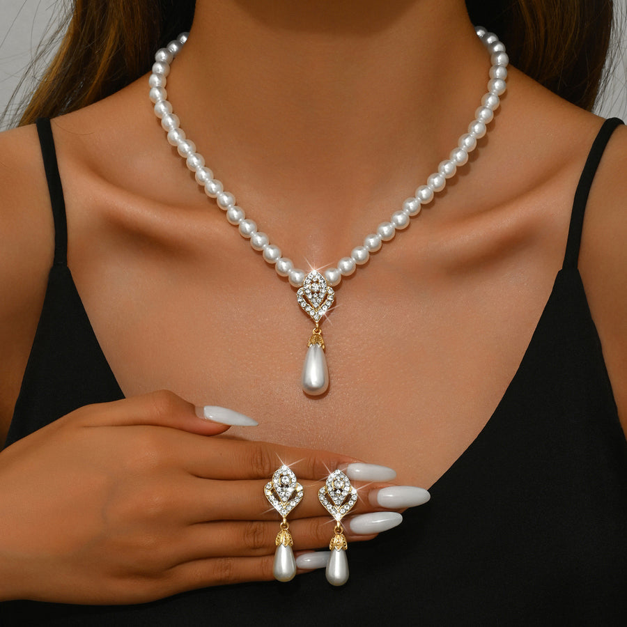 Gold Branch Vine Simulated Pearl Necklace Jewelry Set