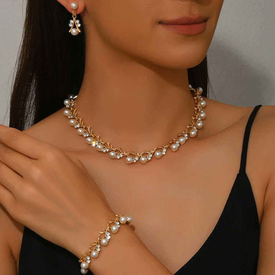 Gold Branch Vine Simulated Pearl Necklace Jewelry Set