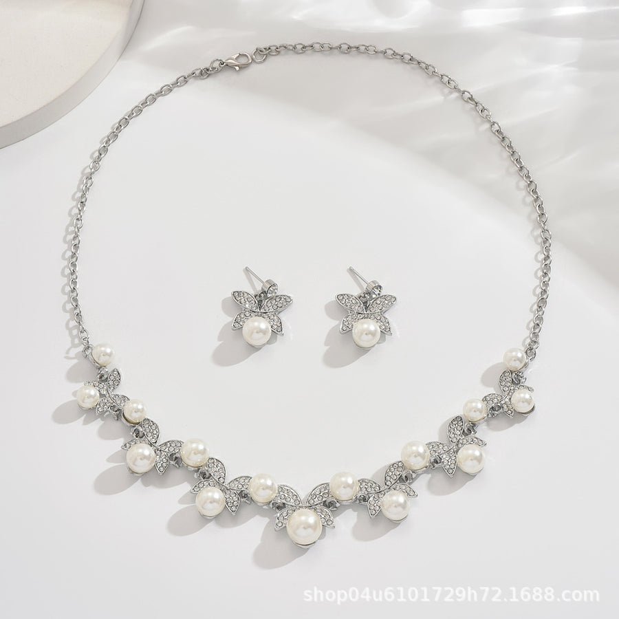 Gold Branch Vine Simulated Pearl Necklace Jewelry Set