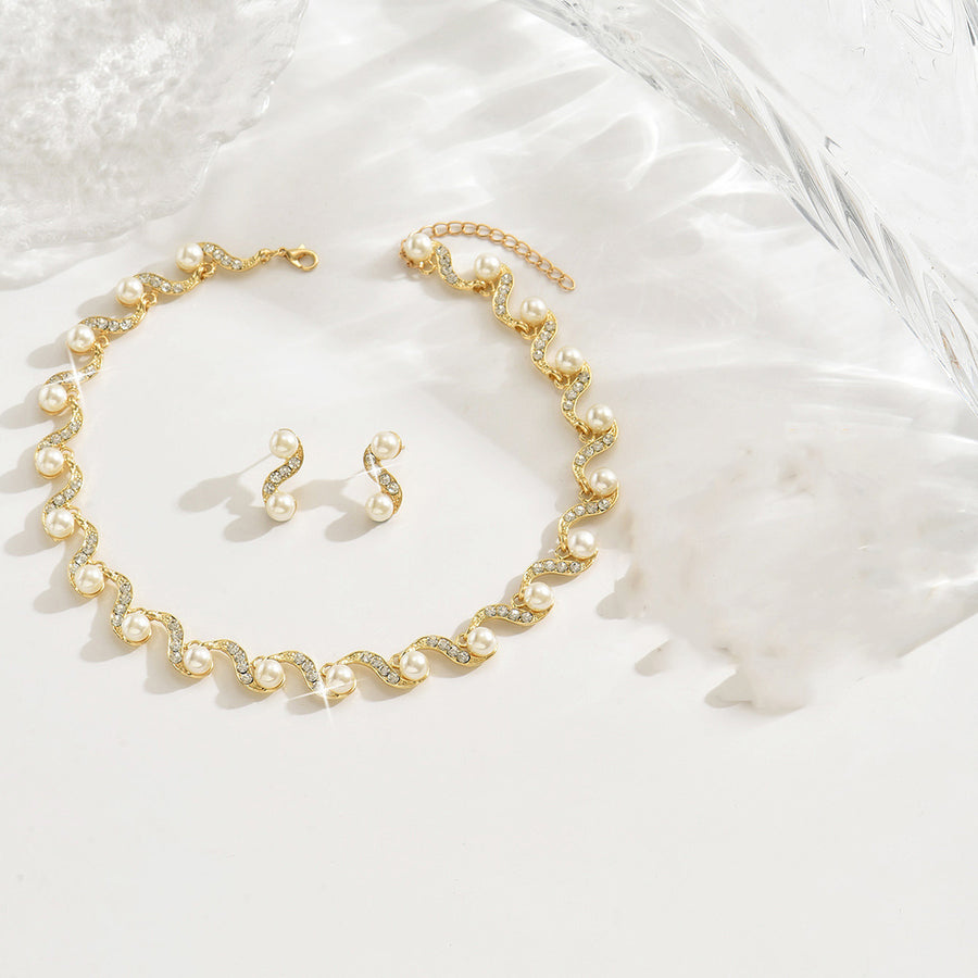 Gold Branch Vine Simulated Pearl Necklace Jewelry Set