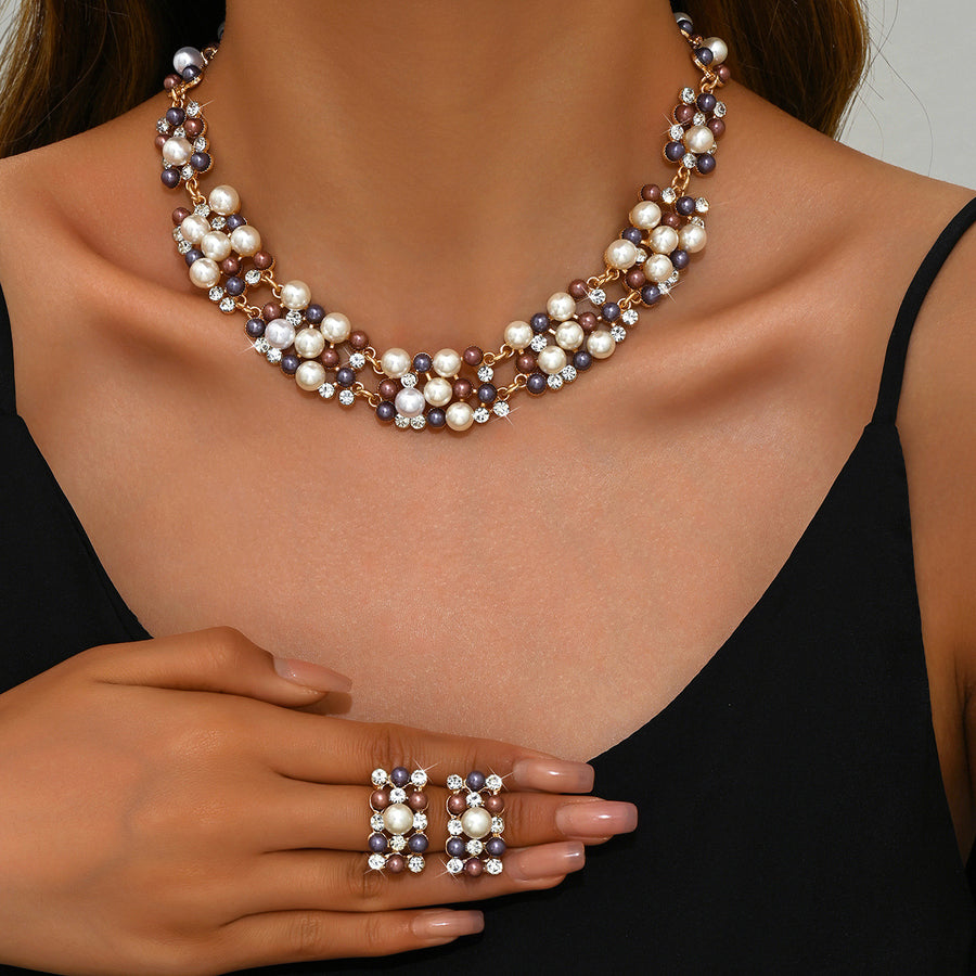 Gold Branch Vine Simulated Pearl Necklace Jewelry Set