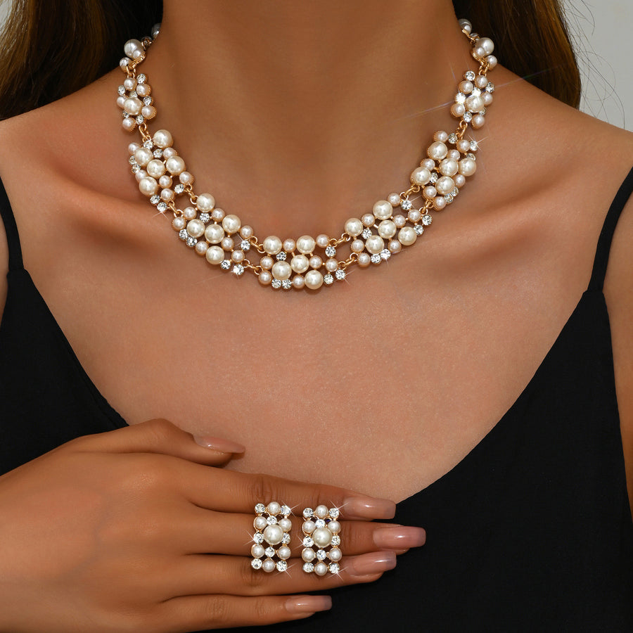 Gold Branch Vine Simulated Pearl Necklace Jewelry Set