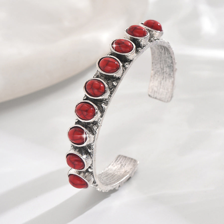 Vintage Oxidized Silver Cuff Bracelet with Red Vein Stone