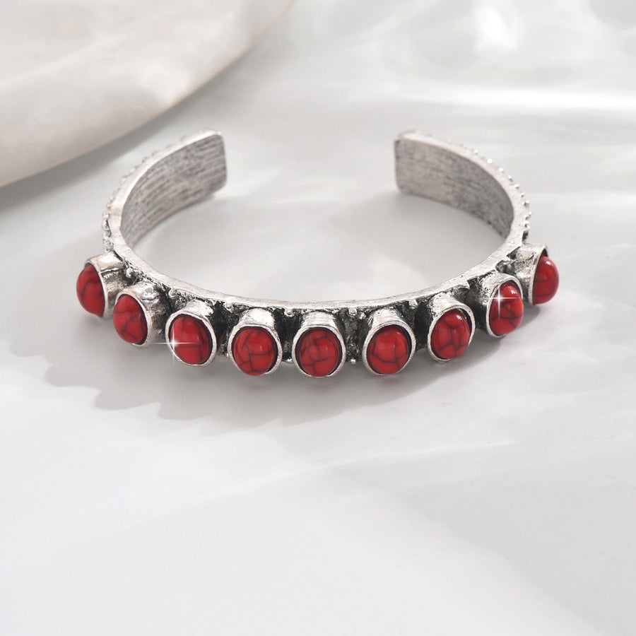 Vintage Oxidized Silver Cuff Bracelet with Red Vein Stone