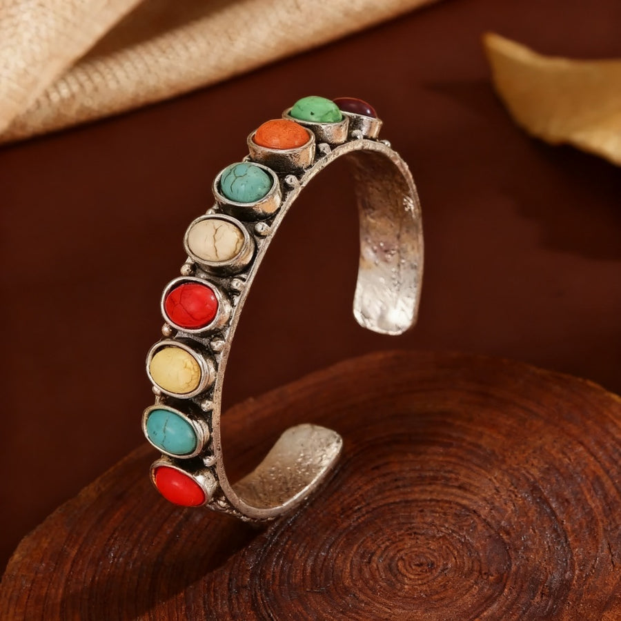 Vintage Oxidized Silver Cuff Bracelet with Red Vein Stone
