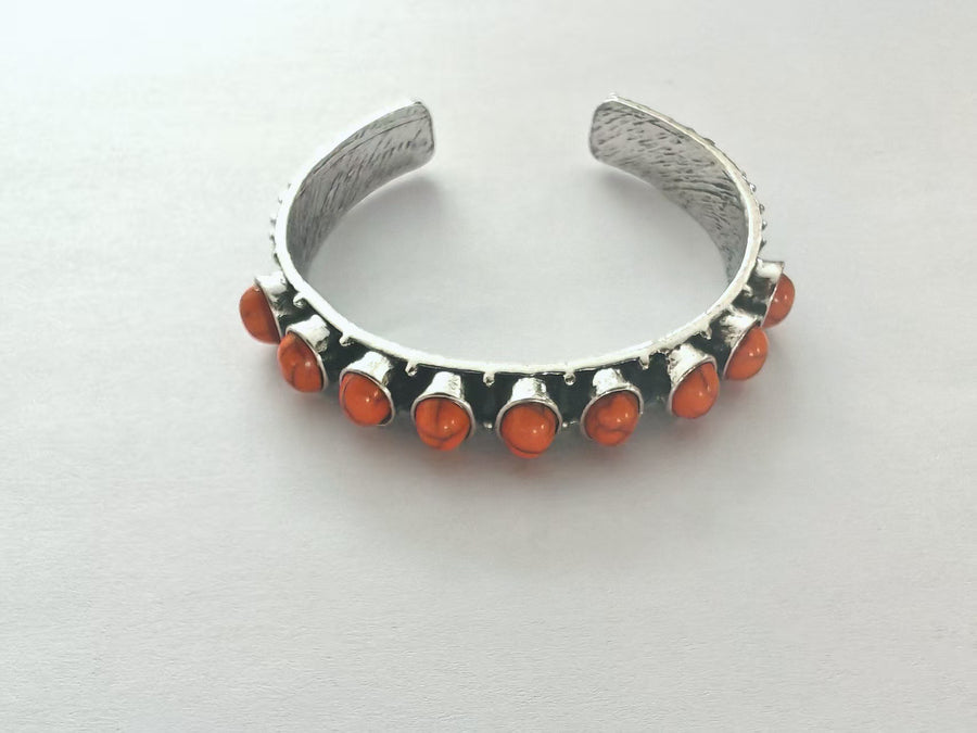 Vintage Oxidized Silver Cuff Bracelet with Red Vein Stone