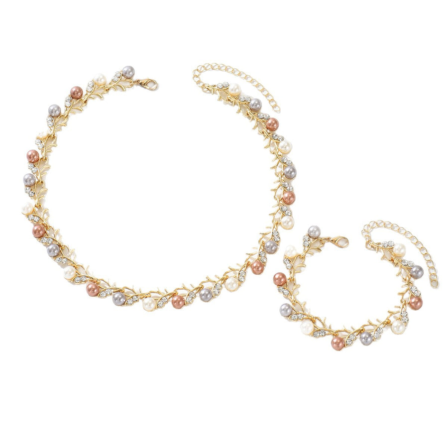 Gold Vine Leaf Cubic Zirconia Jewelry Set - Elegant Necklace
