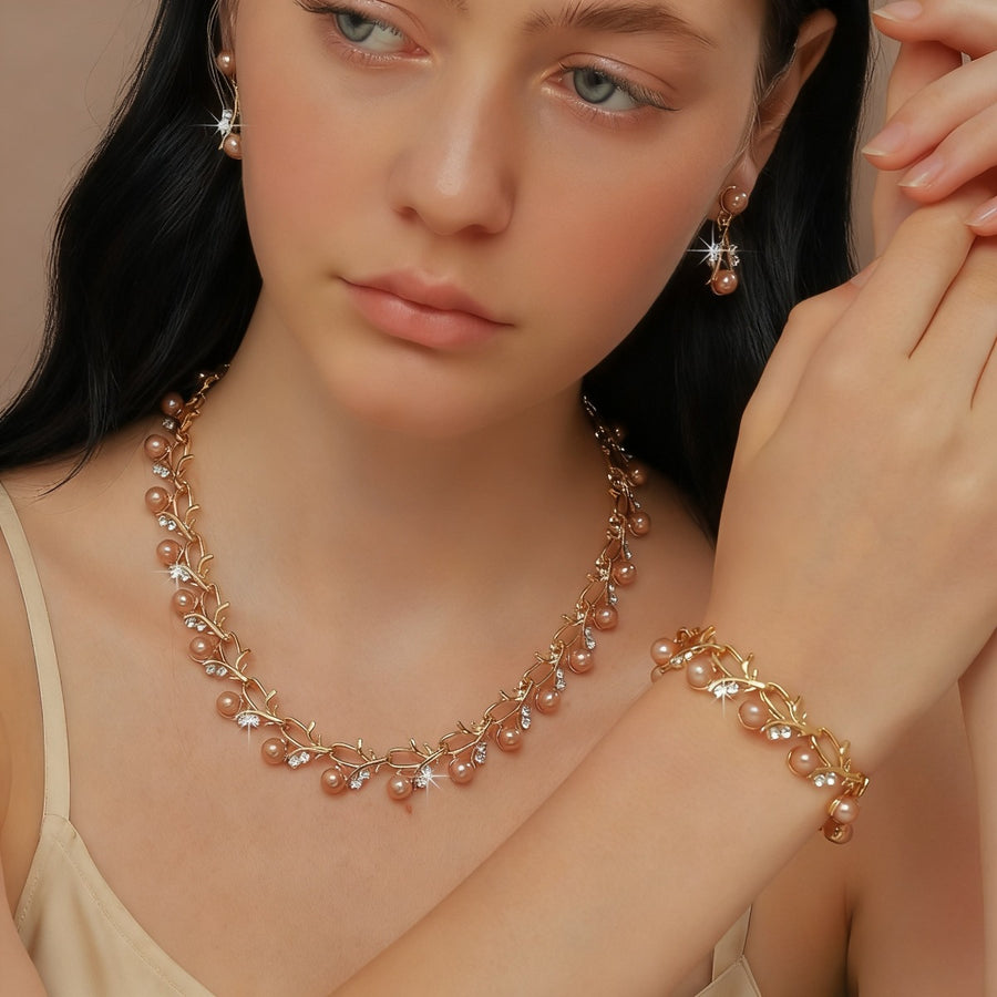 Gold Vine Leaf Cubic Zirconia Jewelry Set - Elegant Necklace