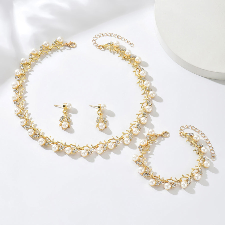 Gold Vine Leaf Cubic Zirconia Jewelry Set - Elegant Necklace