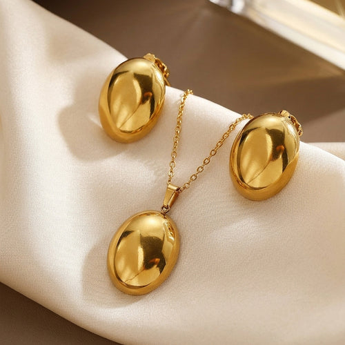 2Pcs Women Openable Oval Photo Locket Jewelry Set