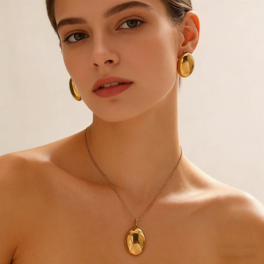 2Pcs Women Openable Oval Photo Locket Jewelry Set