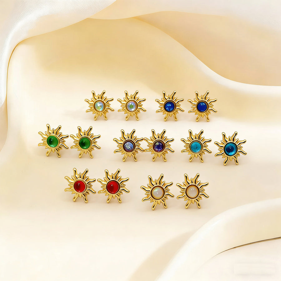 Women Vintage Sun Stud Earrings with Inlaid Crystals