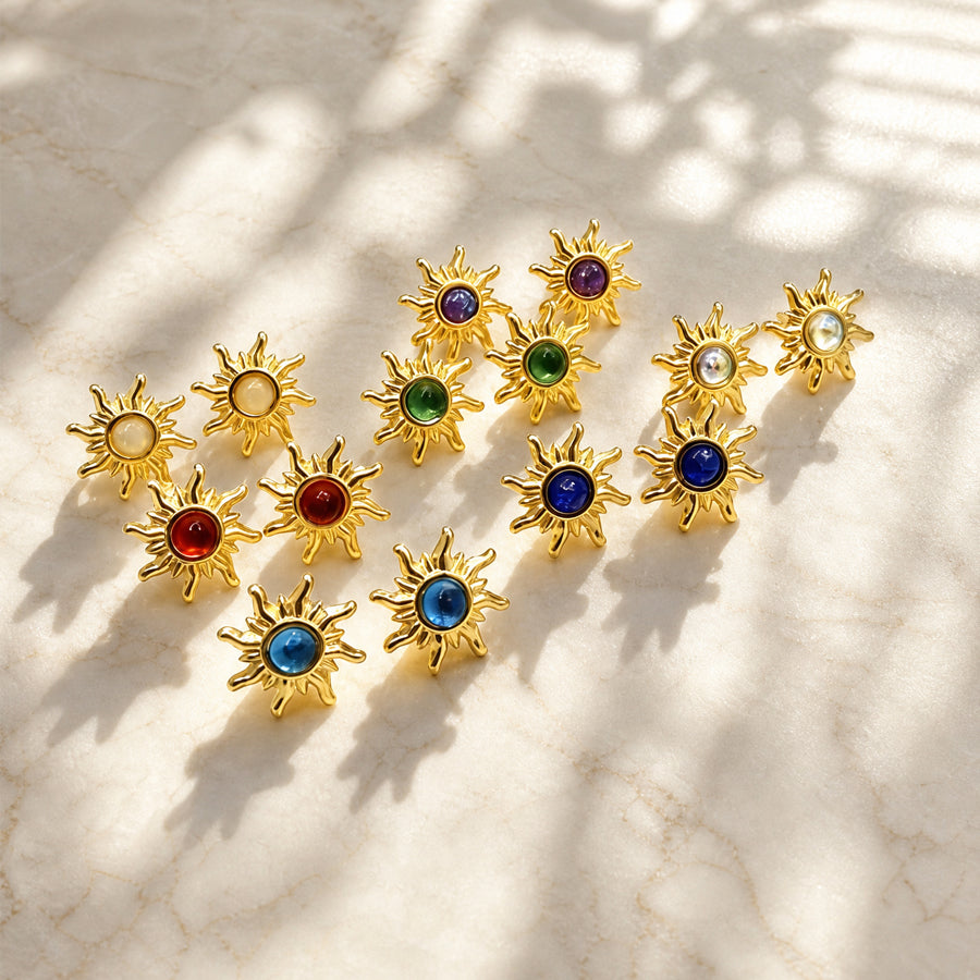 Women Vintage Sun Stud Earrings with Inlaid Crystals