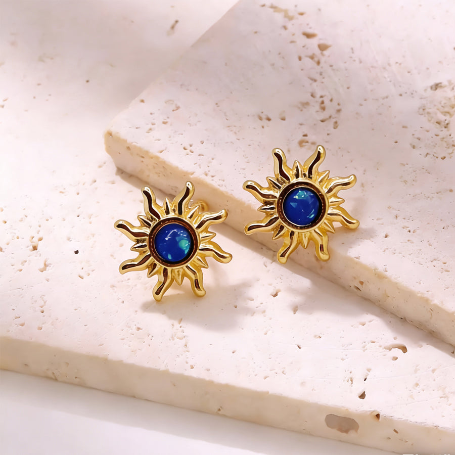 Women Vintage Sun Stud Earrings with Inlaid Crystals