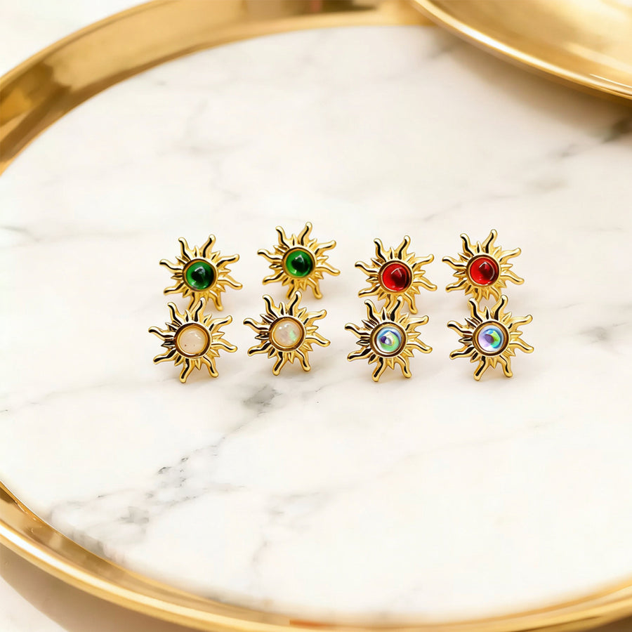 Women Vintage Sun Stud Earrings with Inlaid Crystals