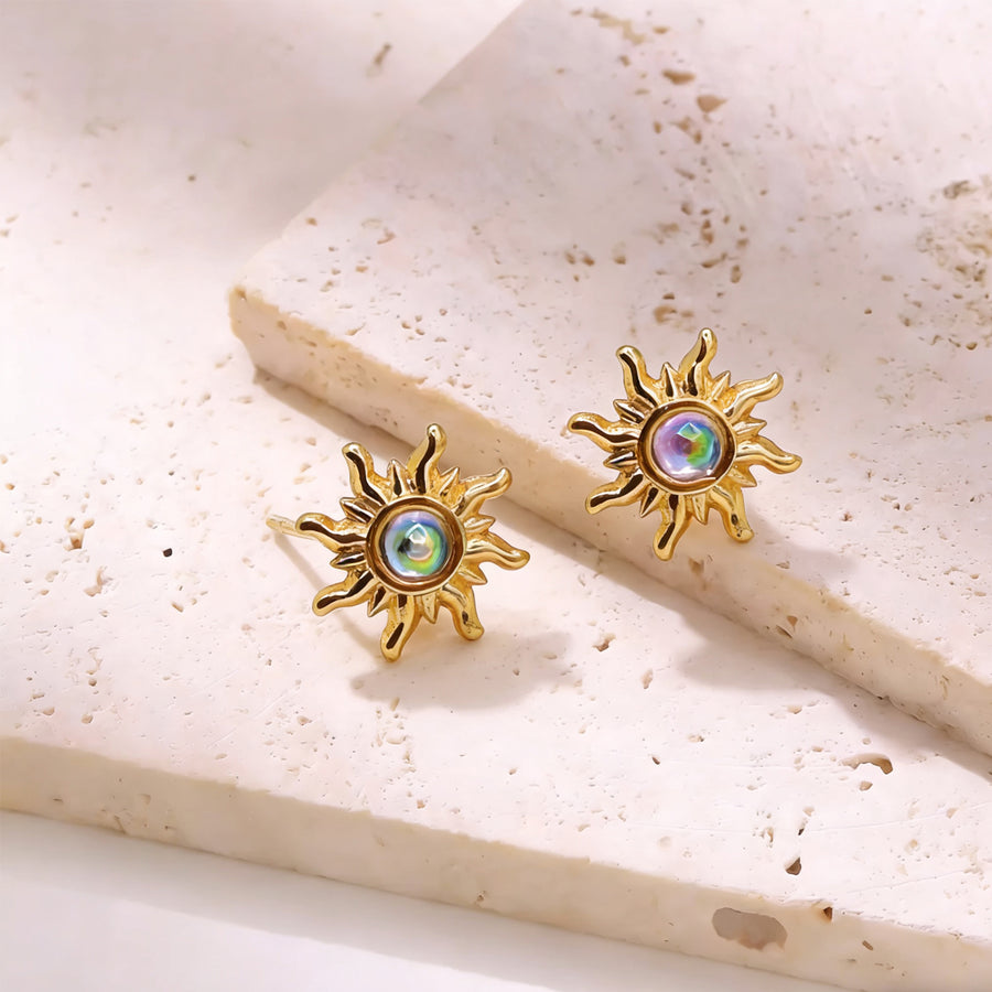 Women Vintage Sun Stud Earrings with Inlaid Crystals