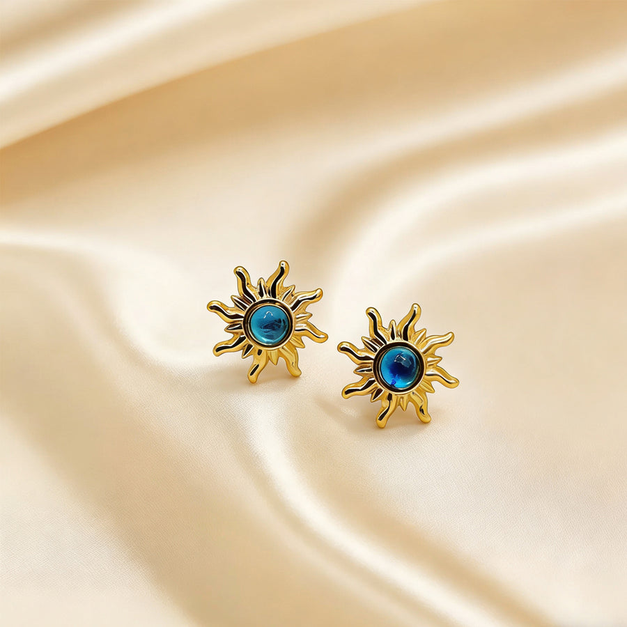 Women Vintage Sun Stud Earrings with Inlaid Crystals