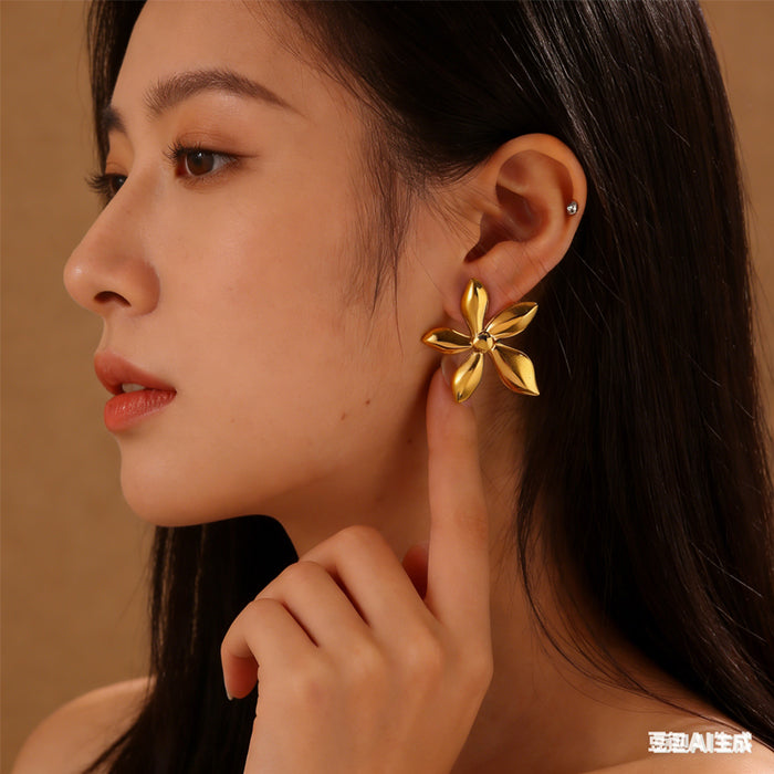 Women 3D Stereo Flower Stud Earrings - Vintage Gold Tone
