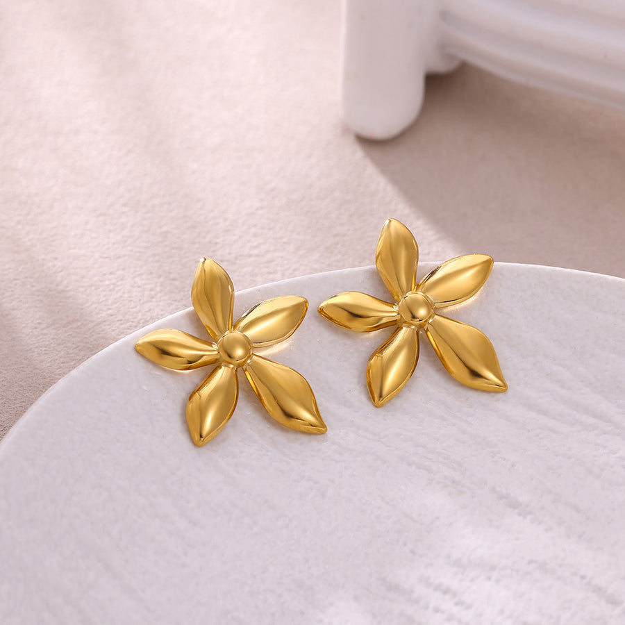 Women 3D Stereo Flower Stud Earrings - Vintage Gold Tone