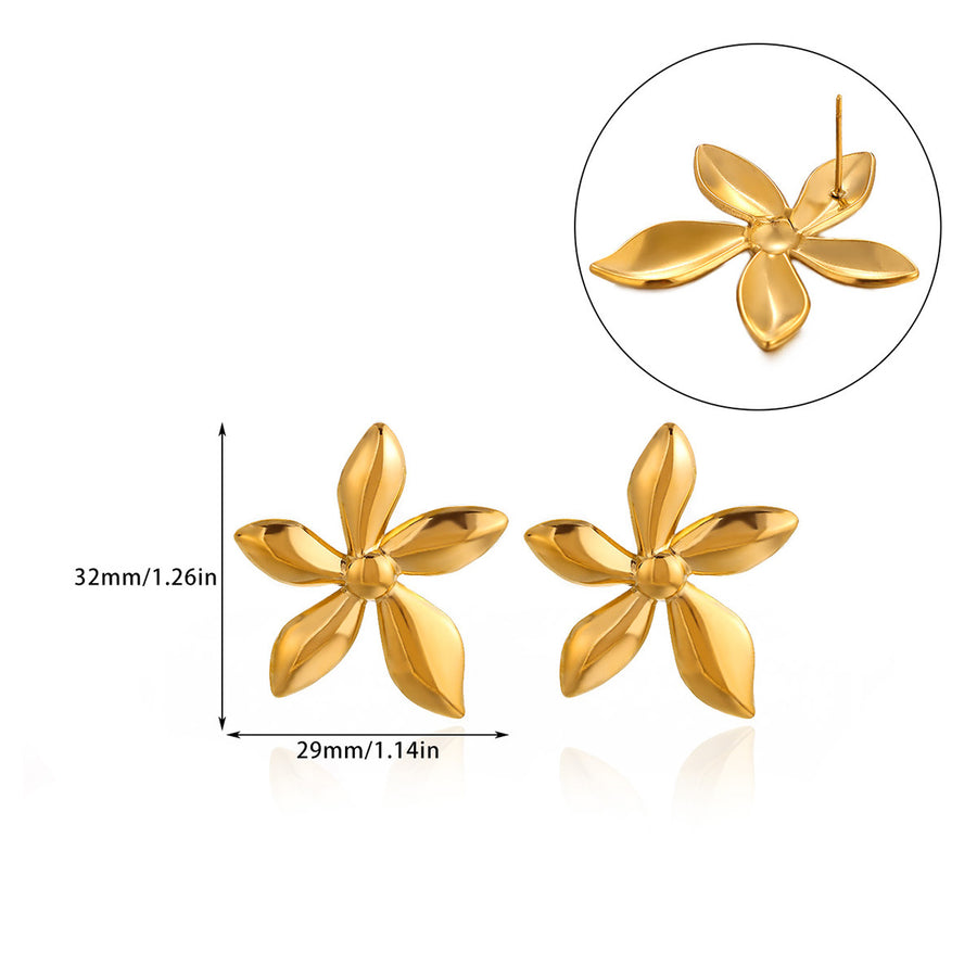 Women 3D Stereo Flower Stud Earrings - Vintage Gold Tone