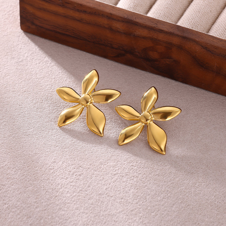 Women 3D Stereo Flower Stud Earrings - Vintage Gold Tone