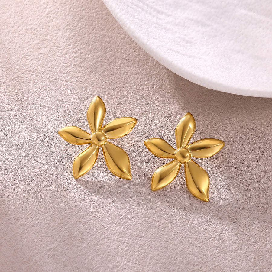 Women 3D Stereo Flower Stud Earrings - Vintage Gold Tone