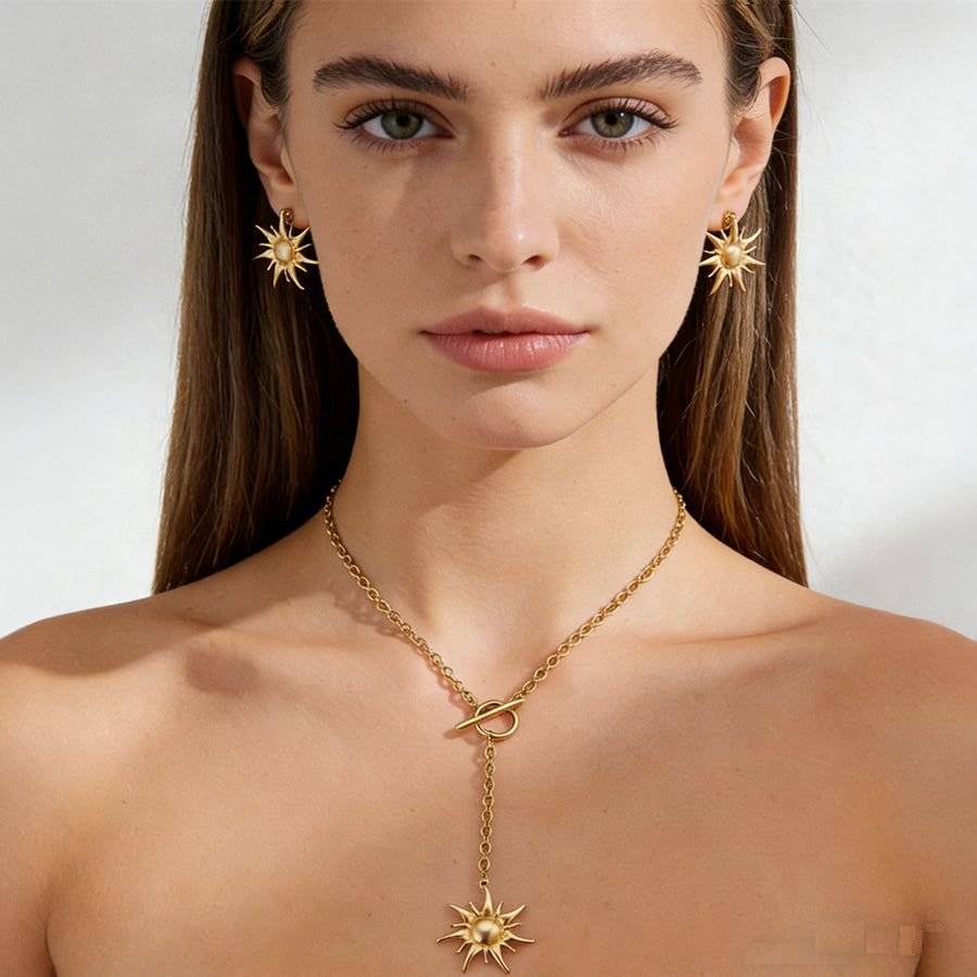 2Pcs Women Retro Sunburst Jewelry Set - Boho Earrings & Necklace