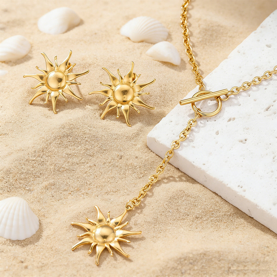 2Pcs Women Retro Sunburst Jewelry Set - Boho Earrings & Necklace