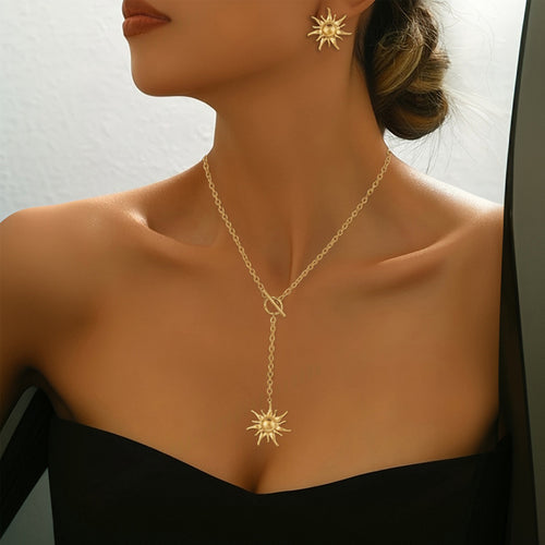 2Pcs Women Retro Sunburst Jewelry Set - Boho Earrings & Necklace