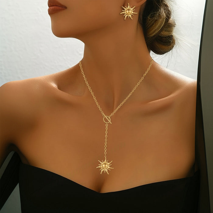 2Pcs Women Retro Sunburst Jewelry Set - Boho Earrings & Necklace