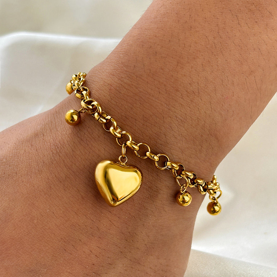 Gold Tone Puffy Heart Charm Bracelet - Adjustable Jewelry Gift