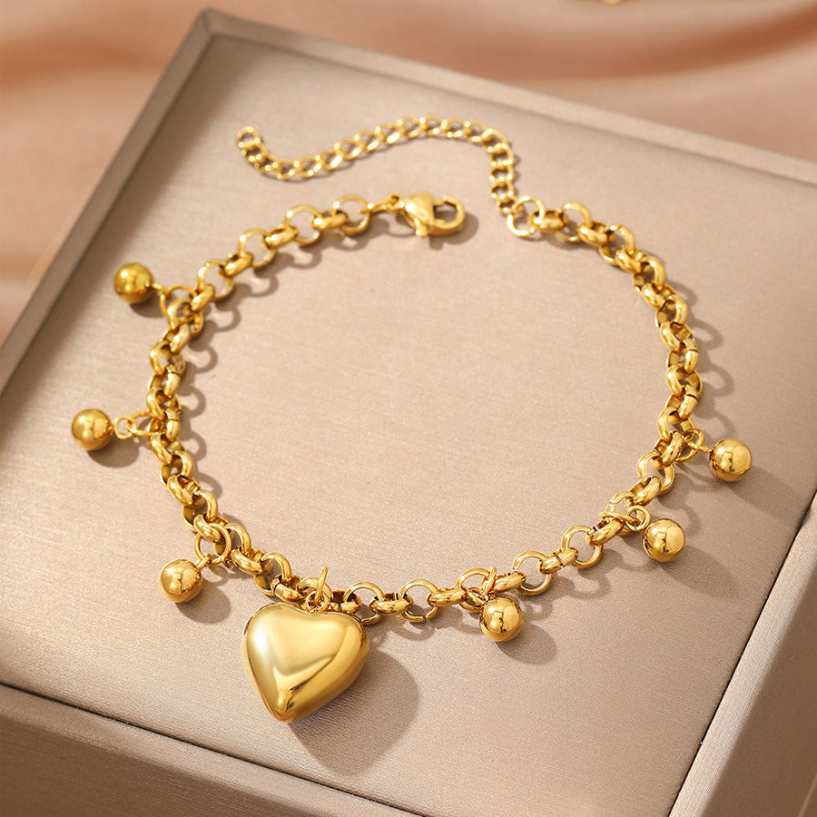 Gold Tone Puffy Heart Charm Bracelet - Adjustable Jewelry Gift