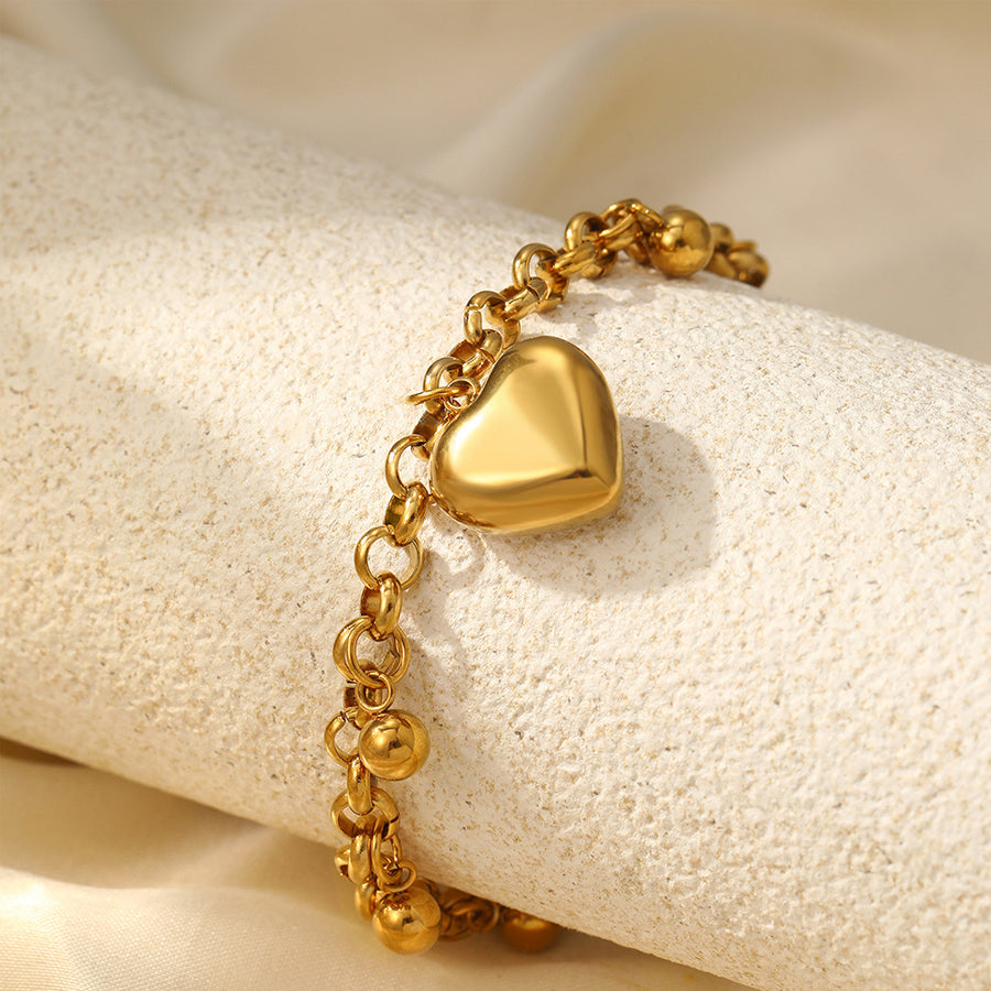 Gold Tone Puffy Heart Charm Bracelet - Adjustable Jewelry Gift