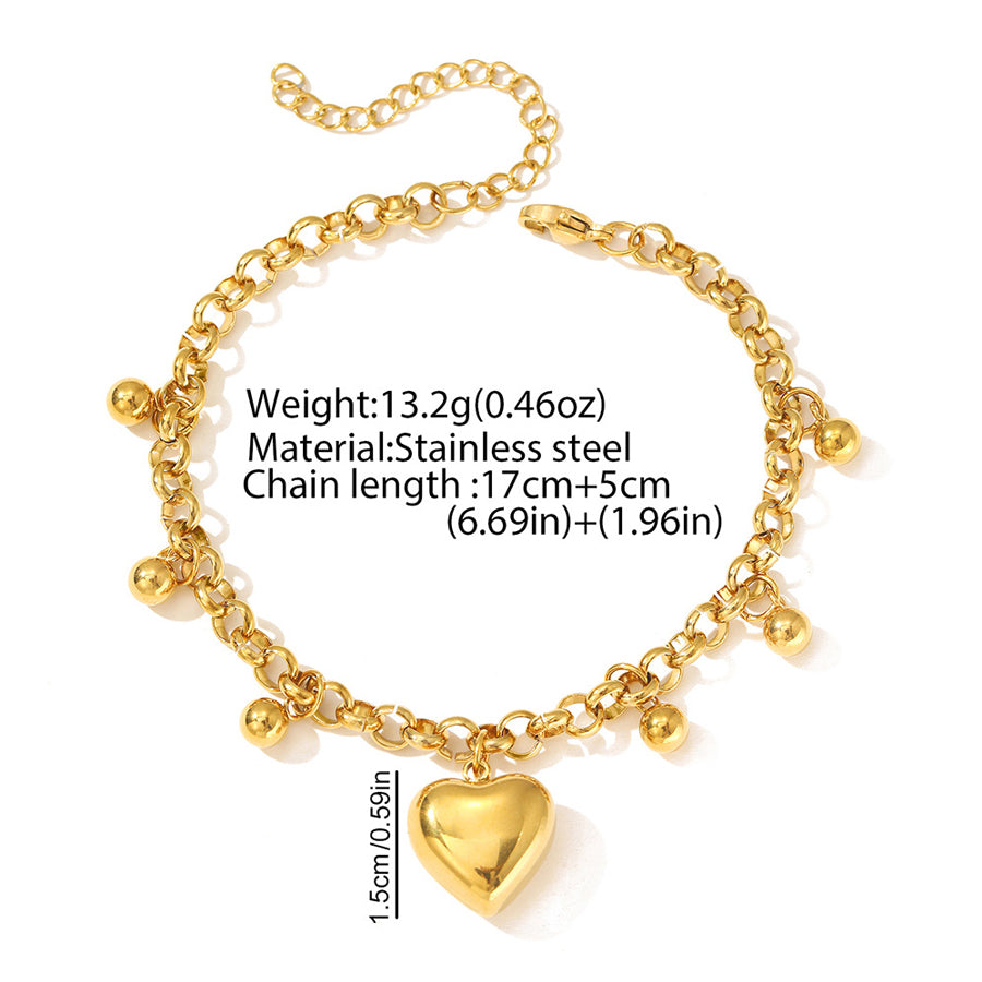 Gold Tone Puffy Heart Charm Bracelet - Adjustable Jewelry Gift