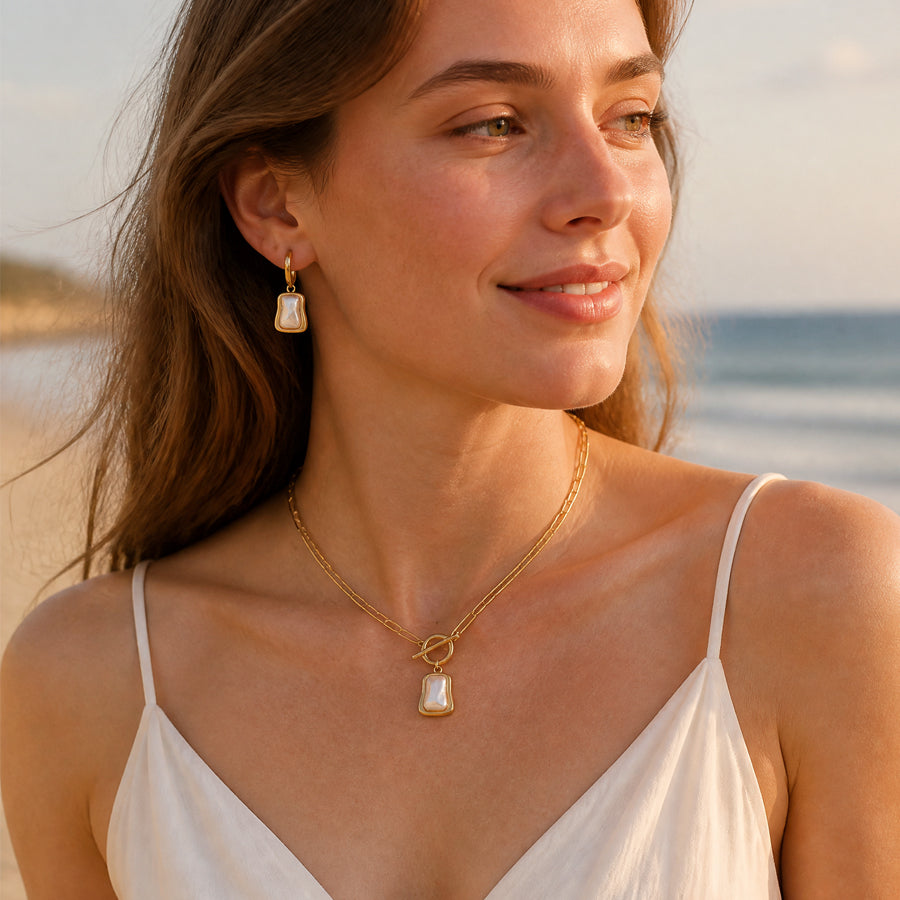 2Pcs Women Jewelry Set - Elegant Paperclip Chain & Pearl Earrings