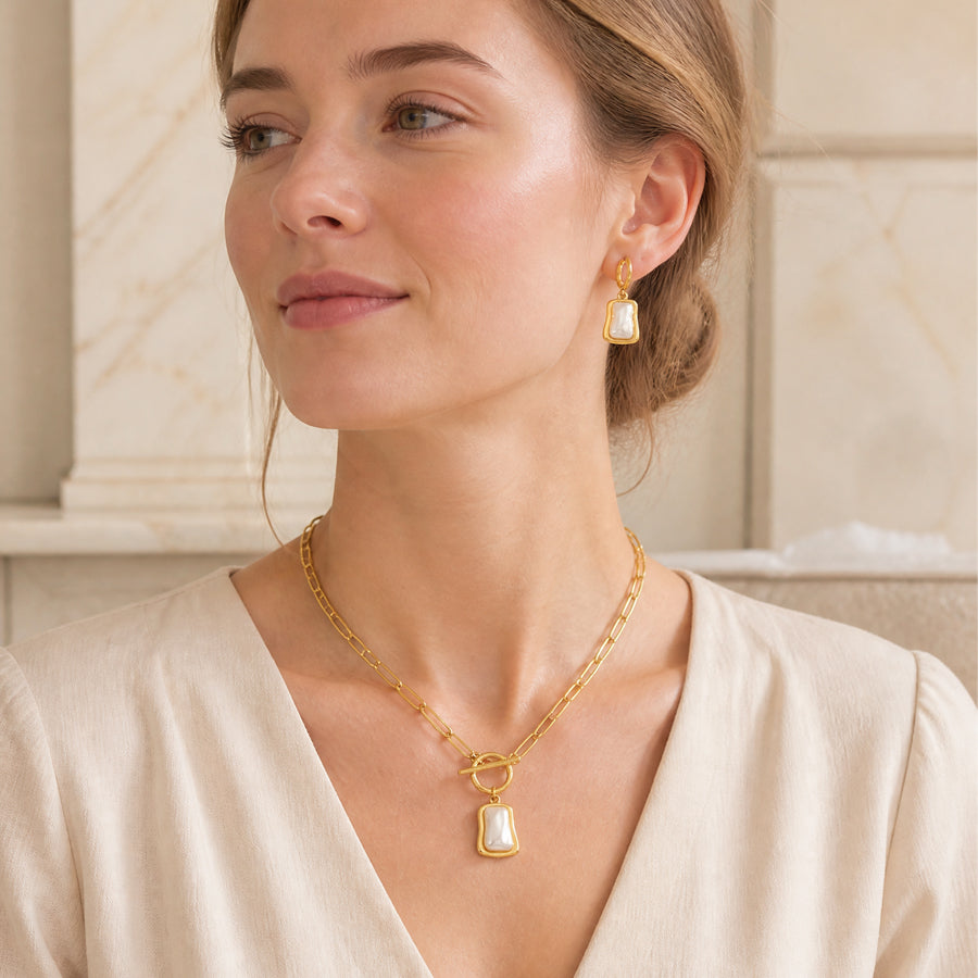 2Pcs Women Jewelry Set - Elegant Paperclip Chain & Pearl Earrings