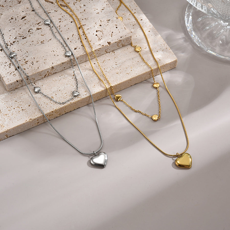 Layered Heart Pendant Necklace - Gold Tone Jewelry for Women