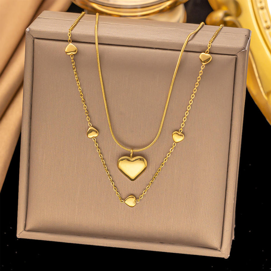 Layered Heart Pendant Necklace - Gold Tone Jewelry for Women