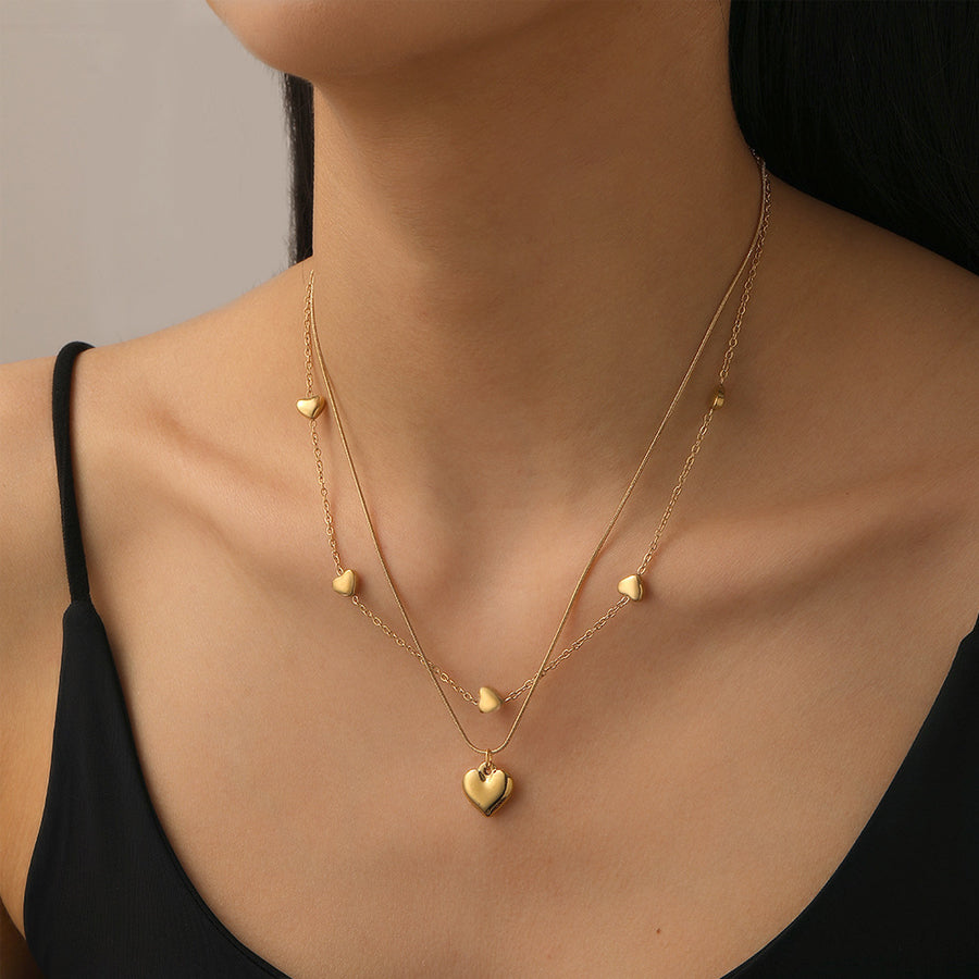 Layered Heart Pendant Necklace - Gold Tone Jewelry for Women
