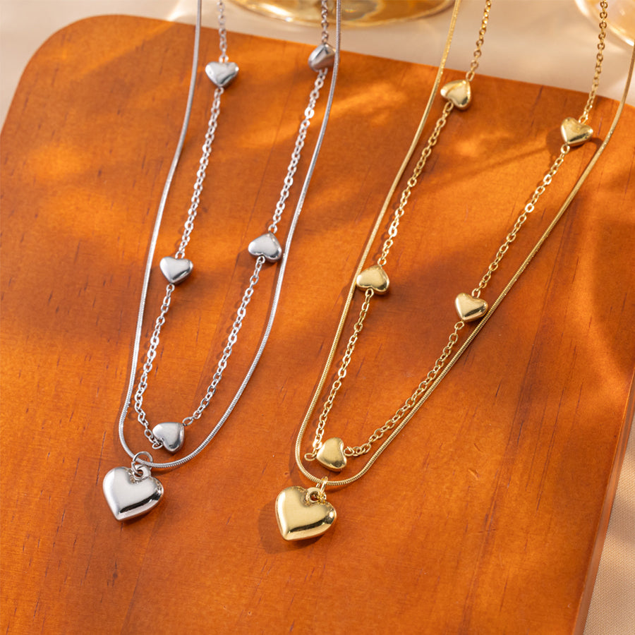 Layered Heart Pendant Necklace - Gold Tone Jewelry for Women