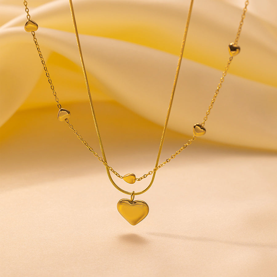 Layered Heart Pendant Necklace - Gold Tone Jewelry for Women